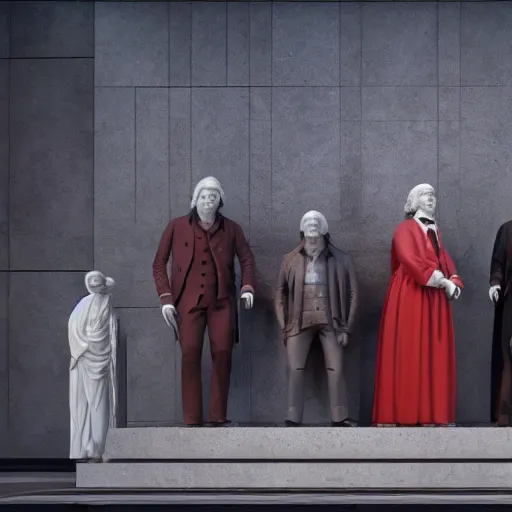 Image similar to mozart and beethoven and bach and liszt all standing next to each other, they're all statues, octane render, 8 k, highly detailed, hyper - realistic.