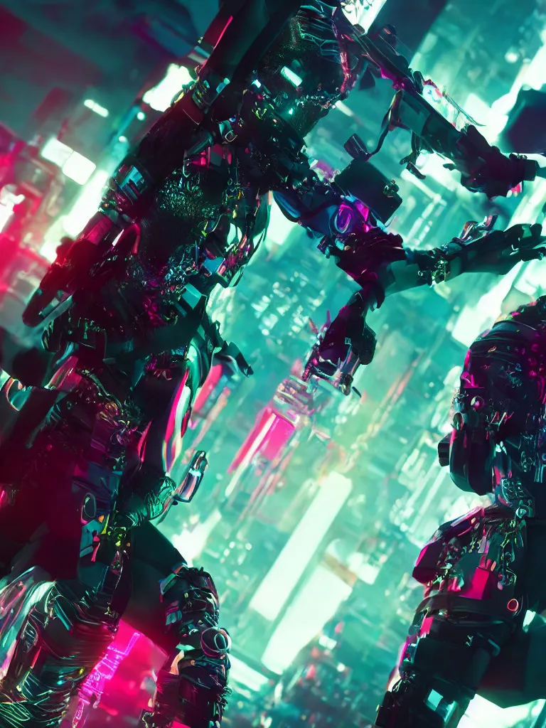 Prompt: margot robbie as a cyberpunk ninja, retro futurism, flashy colors, ray tracing, realistic, rendered in unreal, 8 k, cinematic lighting, highly detailed