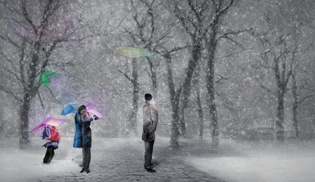 Image similar to multicolor 3 d render of couple hides in snow and rain mystery by @ rikoosten broek created at contemporary in high resolution, with inspiring feeling