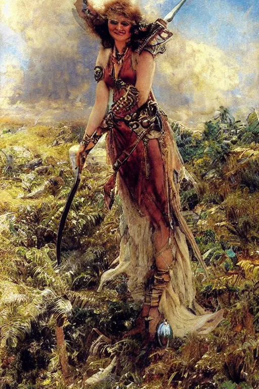 Image similar to steam punk amelia earhart on a mystical island wearing armor fashioned from her crashed plane and a sword made from a plane wing. art by gaston bussiere