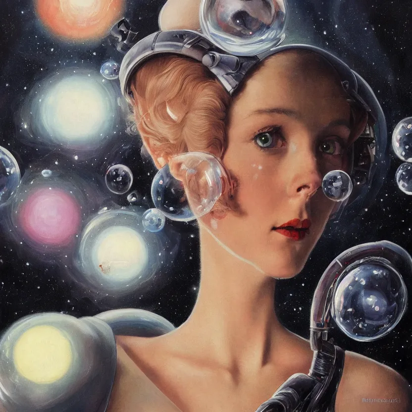 Image similar to portrait painting of a beautiful alien woman with big eyes in space, by norman rockwell. close - up view. floating glowing bubbles. muted colors, soft gradients. dark background. trending on artstation. retrofuturism.