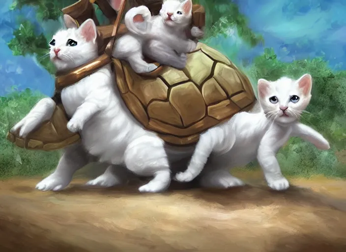 Image similar to white kittens riding giant turtles, battalion, digital oil painting, trending on artstation