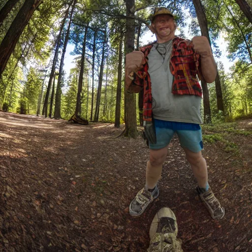 Image similar to ernest got to camp crystal lake, hyper realistic, fish eye lense