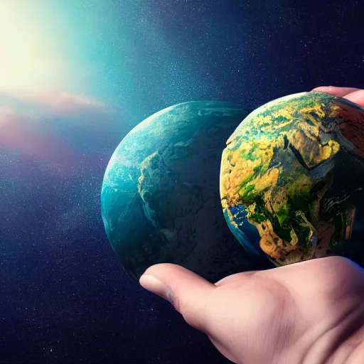 Prompt: Titan holding Earth in his hand, unimaginably huge, view from space, eautiful details, HDR, octane render