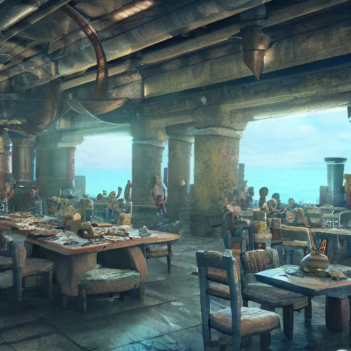 Image similar to atlantean dining hall, highly detailed octane render, artstation, 8k