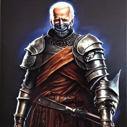 Prompt: Joe Biden as a Dark Souls NPC, full body portrait, dynamic pose, oil painting by Noriyoshi Ohrai
