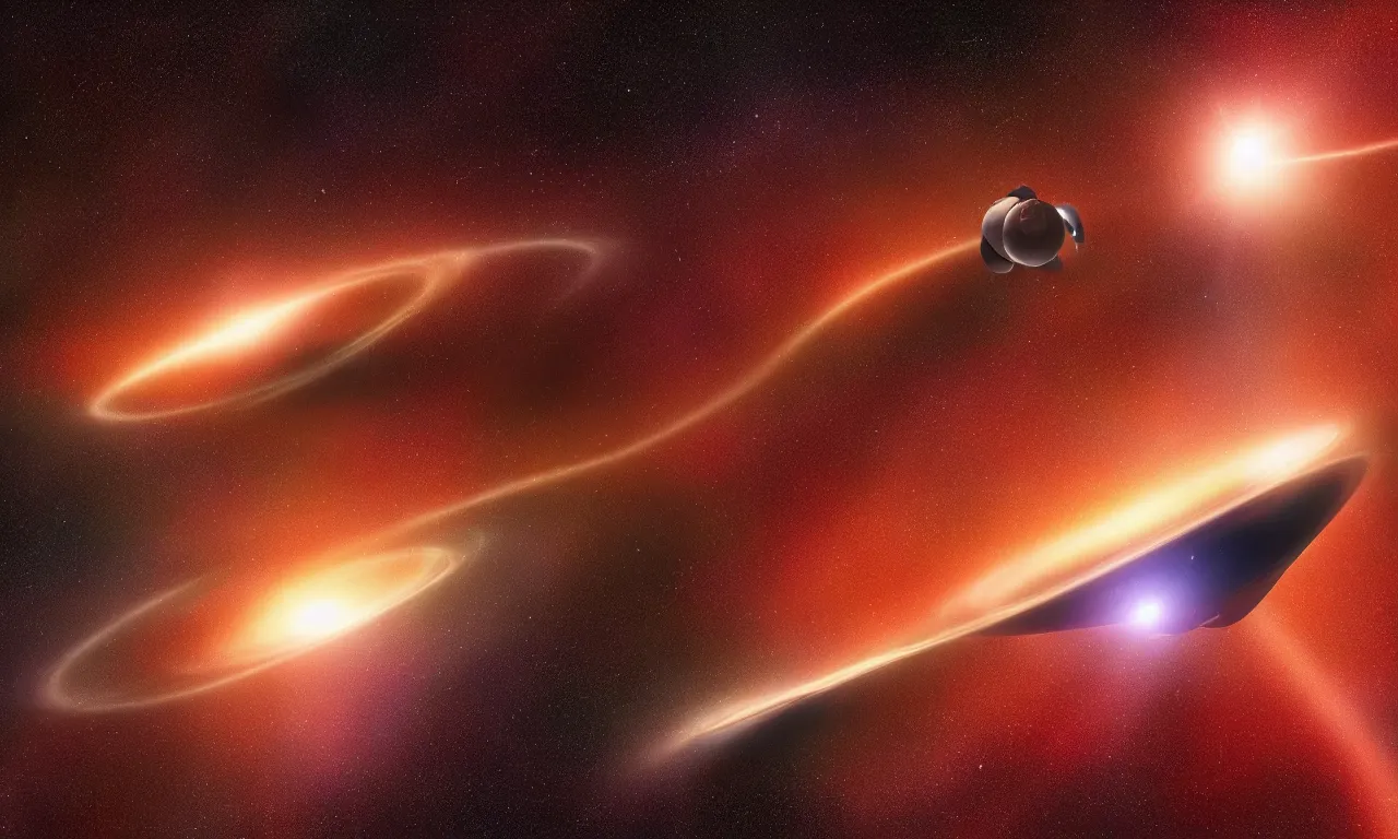 Prompt: Space ships reaching a black hole horizon, Picard on a starboard, Shishkine style, digital art, perfect lighting