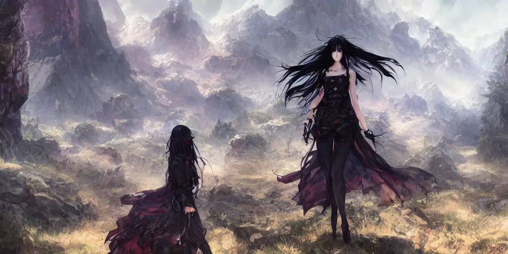 Image similar to goth woman in front of mountain landscape, color page, tankoban, 4 k, tone mapping, akihiko yoshida, james jean andrei riabovitchev marc simonetti, yoshitaka amano, long hair, curly, h. hydrochaeri