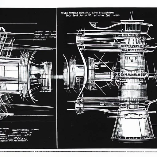 Image similar to archive blueprints of 1 9 4 0's nuclear powered spaceship engine