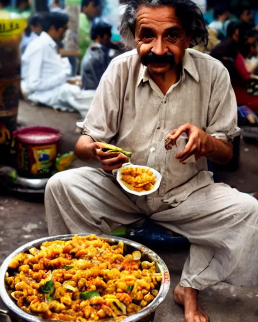 Image similar to A photo of Albert Einstein eating at a chaat stall in mumbai streets, highly detailed, trending on artstation, bokeh, 90mm, f/1.4