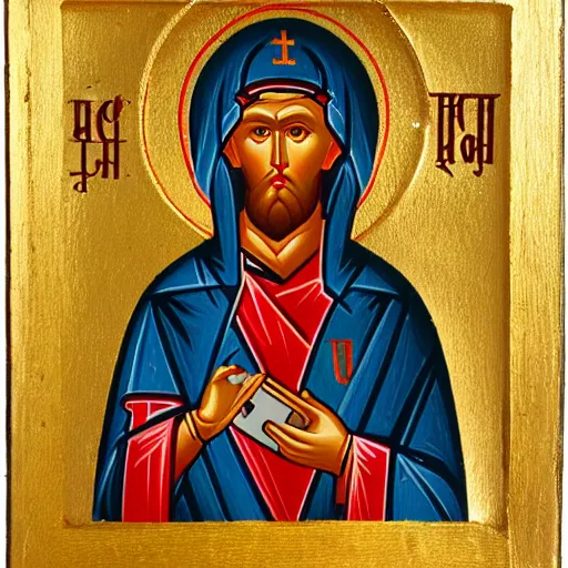 Image similar to russian orthodox icon showing saint with a mobile phone