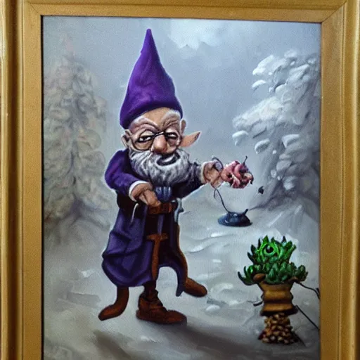 Prompt: an old professor experimenting with deadly gnomes, higly detailed, oil painting, mystic