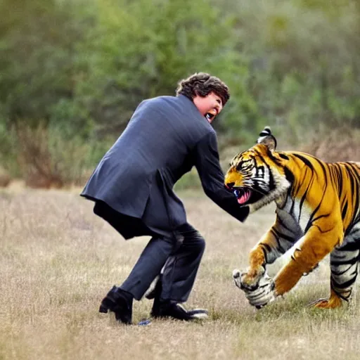 Prompt: a high quality photograph of Tucker Carlson being attacked by a sabertooh tiger, teeth ripping his flesh, he is screaming in agony on the set of Tucker Carlson tonight live on Fox News