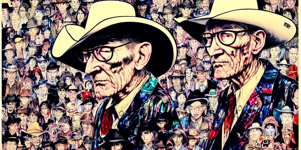 Prompt: full view of william s burroughs, wearing a cowboy hat, style of yoshii chie and hikari shimoda and martine johanna and will eisner, highly detailed