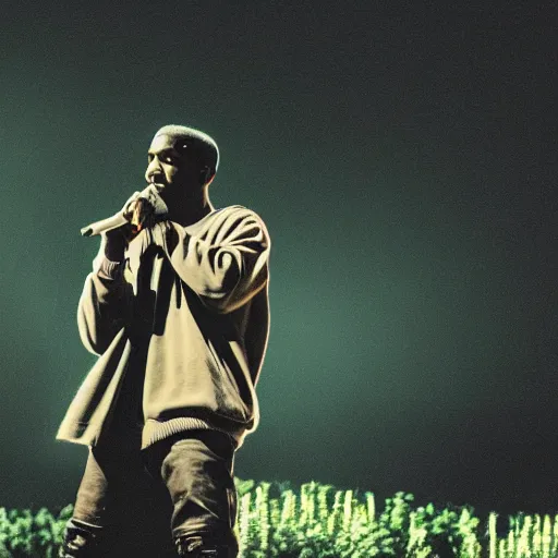 Prompt: Kanye West performing a song in the middle of a garden, vintage camera, dreamy, atmospheric, golden hour, cinematic lighting, 8K concept art