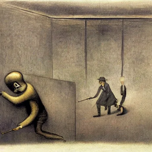 Image similar to a hyper realistic painting of a bank robbery, by alfred kubin, highly detailed, vivid color,