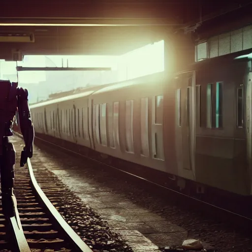 Image similar to photo of cyborg waiting for a train, 1970, soft light, morning light, photorealistic, realistic, octane, 8k, cinematic shot