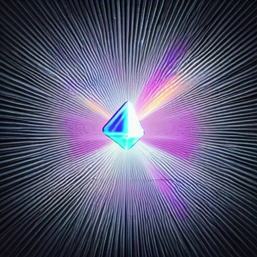Prompt: black background, a glass triangle transforming a light ray into a rainbow, ps1 graphics