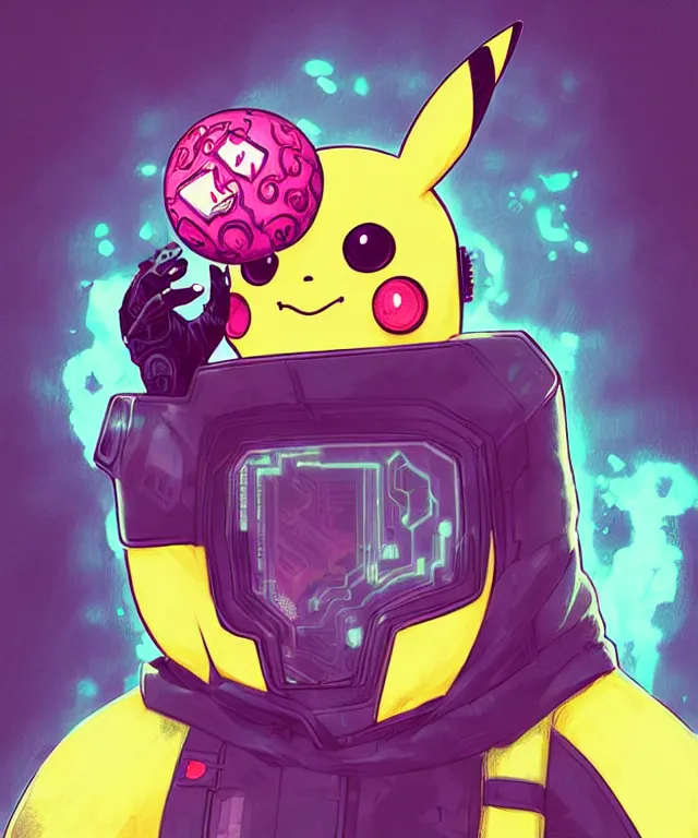 Prompt: a portrait of a cyberpunk pikachu holding a riceball, cyberpunk!, fantasy, elegant, digital painting, artstation, concept art, matte, sharp focus, illustration, art by josan gonzalez