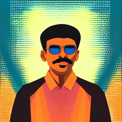 Image similar to a portrait of an indian man, in retro colors, synthwave style, 2 d digital vector art