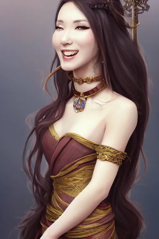 Prompt: a full body portrait of a gorgeous female monk, D&D, choker on neck, face visible, stylish dress, very long flowing hair, intricate, elegant, stylish, cute slightly nerdy smile, mouth slightly open, fantasy, highly detailed, digital painting, artstation, concept art, smooth, sharp focus, illustration, art by artgerm and greg rutkowski and alphonse mucha