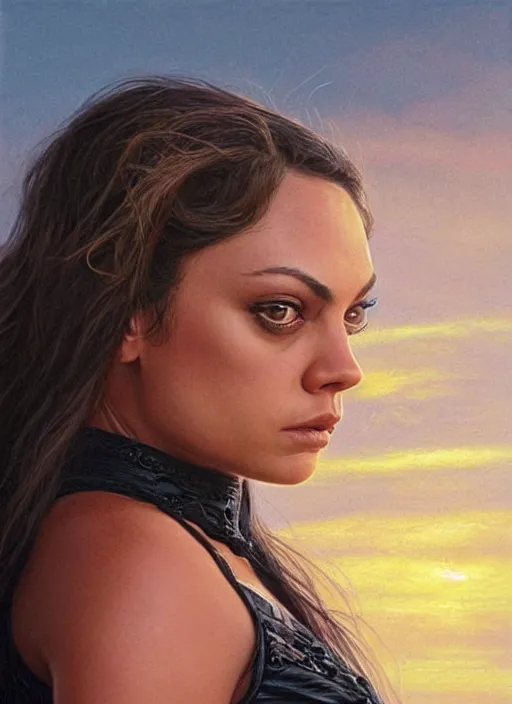 Image similar to Mila Kunis wearing black choker, epic portrait of a very strong muscled Amazon heroine, sun beams across sky, pink golden hour, stormy coast, intricate, elegance, highly detailed, shallow depth of field, epic vista, concept art, art by Artgerm and Donato Giancola, Joseph Christian Leyendecker