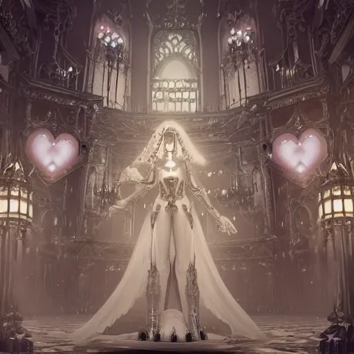 Prompt: female gothic robots with heart organ, dressed in white intricate baroque lace, veils and jewels, epic environment, matte painting, diffused lighting, highly detailed, cinematic, epic atmosphere, digital art, trending on artstation, wide angle