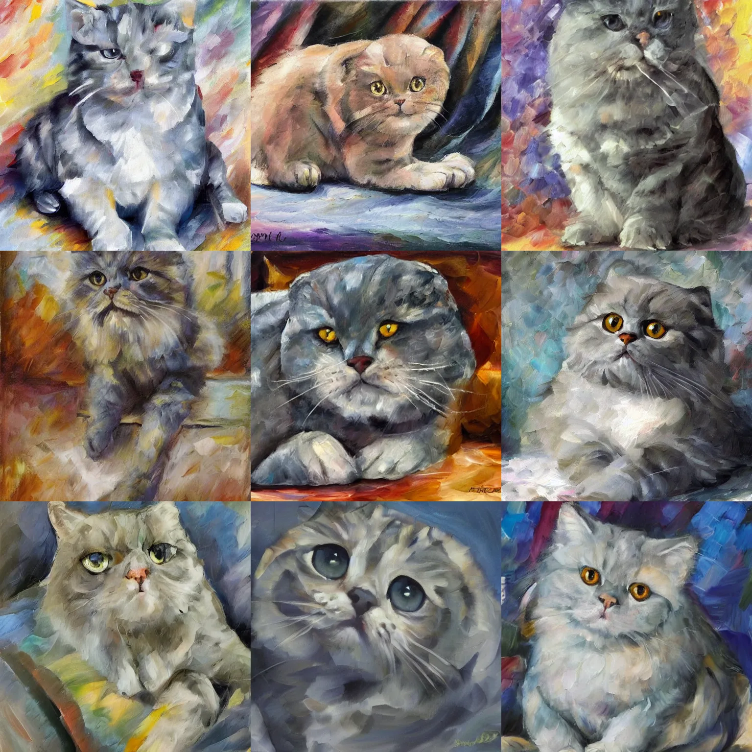 Prompt: fat grey-colored Scottish Fold sitting, by leonid afremov