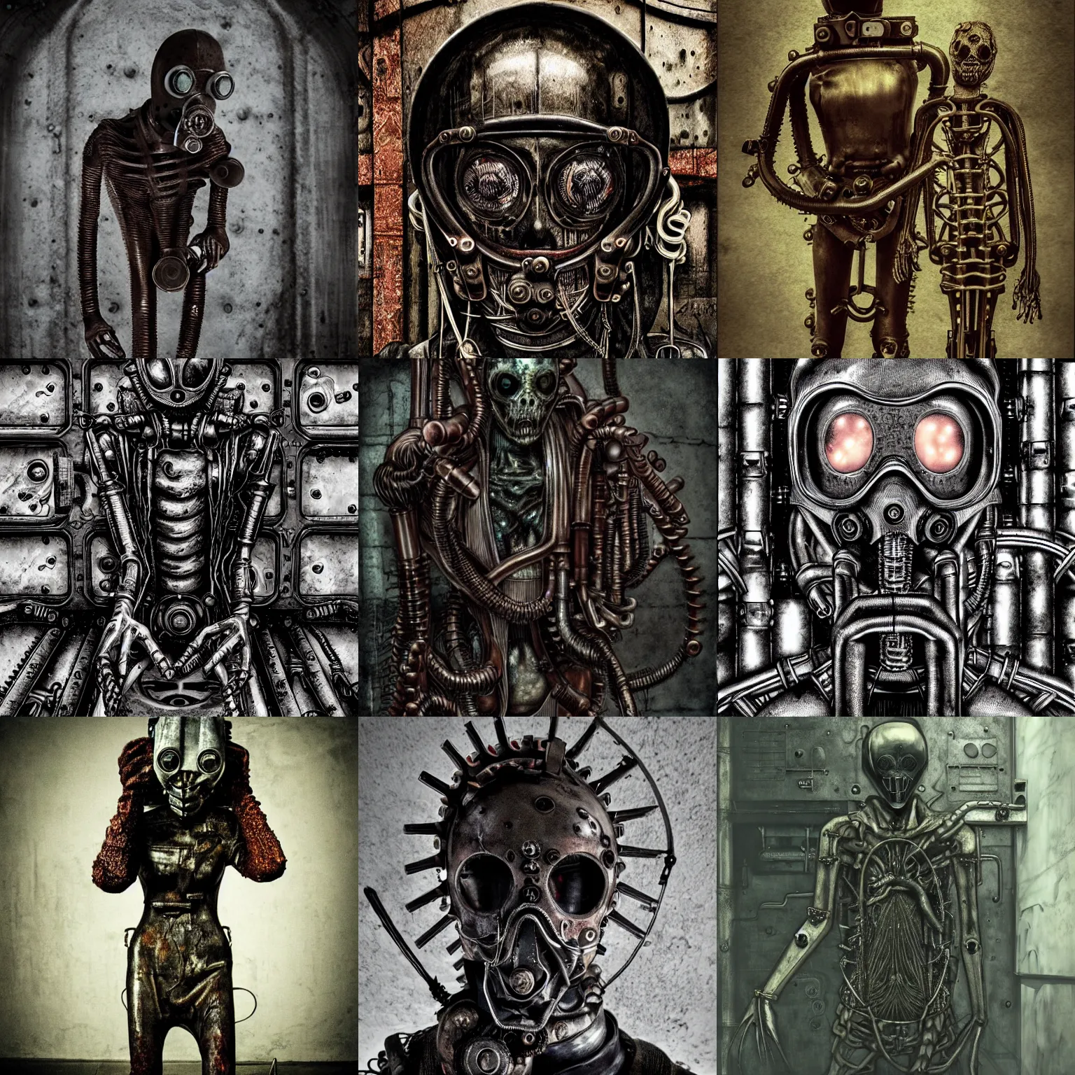 Prompt: an album cover, dark, gothic, cyber, fantasy, rust, metal, rivets, cogwheel, human, creature, mannequin, scuba mask, by giger, masahiro ito, junji ito