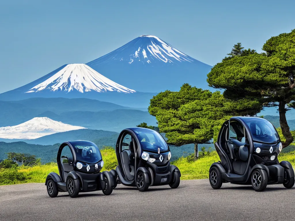 Image similar to Renault Twizy parked at a scenic viewpoint with mount Fuji in the background, manga visual