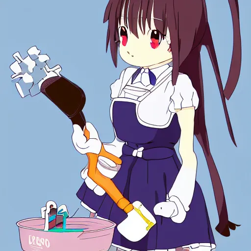 Image similar to cute anime maid cleaning, character drawing, studio ghibli, animation, vivid line art, award winning, trending on artstation,