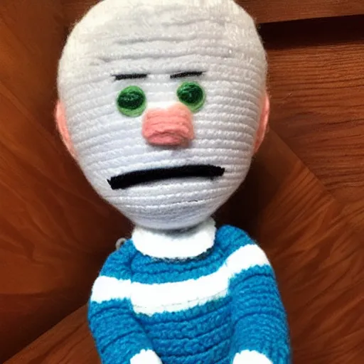 Prompt: hide the pain harold doll made out of yarn