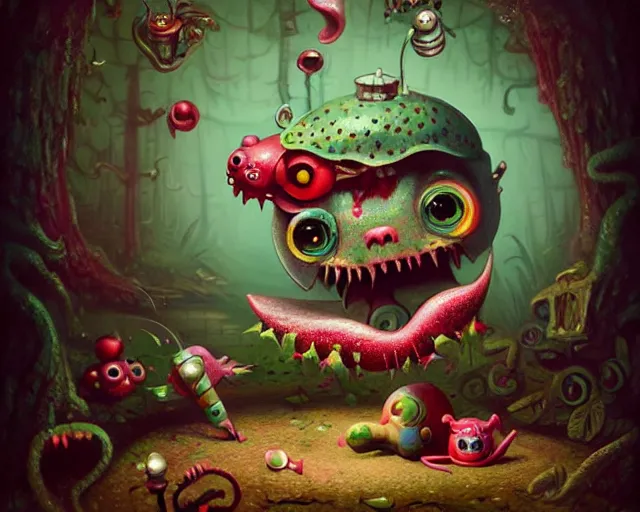 Prompt: toy tiny monster, cute tin iron, mark ryden, lostfish, max fleischer, hyper realistic, artstation, illustration, digital paint, matte paint, vivid colors, bright, cheerful, detailed and intricate fairytale environment