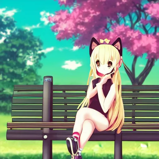 Image similar to picture of an anime girl with cat ears and long blond hair looking to her side, sitting on a bench with a park behind her, bokeh, anime art style, highly detailed, cartoon, cel - shaded, colorful, animated, trending