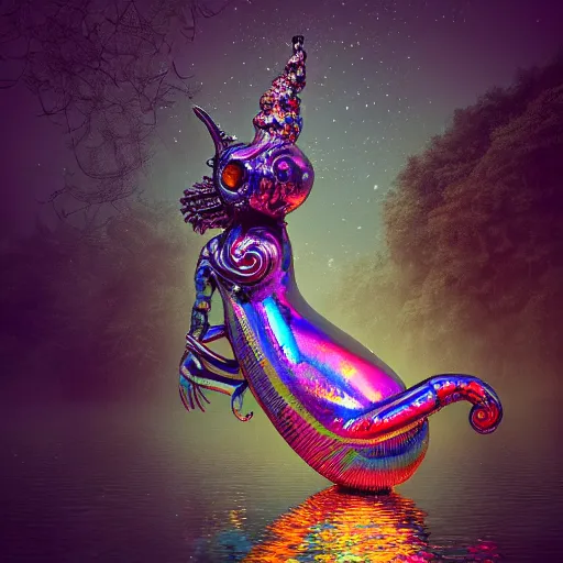 Prompt: macro lens, candy iridescent creature in candyland, water reflection, night, backlit, warm tones, bioluminescent : by michal karcz, daniel merriam, victo ngai and guillermo del toro : ornate, dynamic, particulate, intricate, elegant, highly detailed, centered, artstation, smooth, sharp focus, octane render