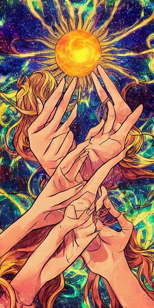 Image similar to a man and a woman holding hands under a beautiful sun drawn like the anime Your Name anime, intricate, psychedelic, tarot card