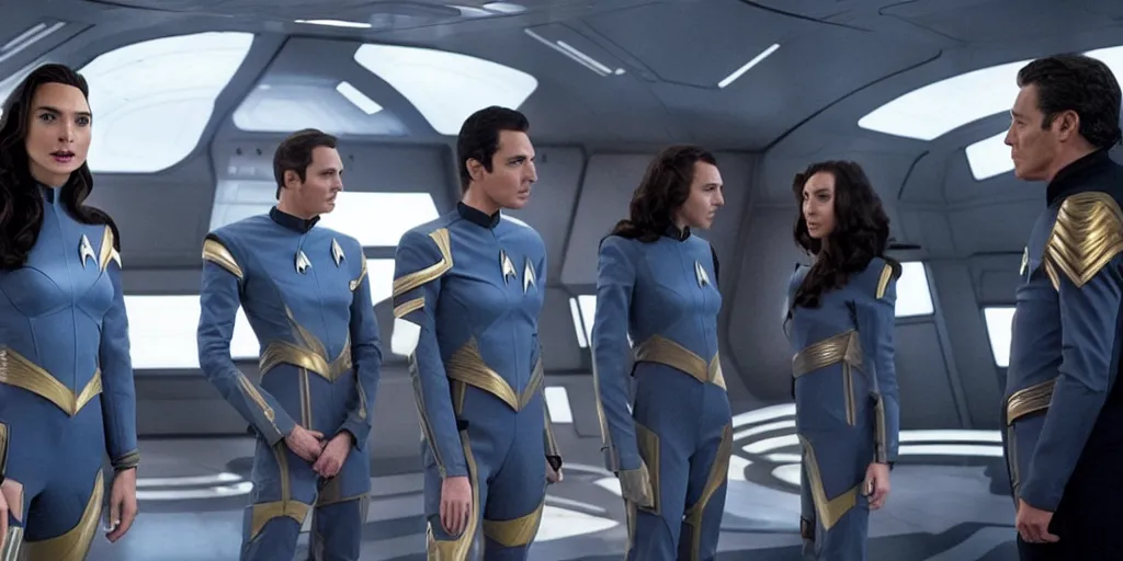 Image similar to gal gadot, in full starfleet uniform, is the captain of the starship enterprise in the new star trek movie