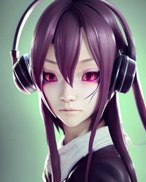 Prompt: beautiful portrait of a woman with pastel long hair with her eyes closed with headphones on in the style of a code vein character, tzuyu from twice in code vein in the style of WLOP, artgerm, yasutomo oka, rendered in unreal engine and redshift octane , dynamic dramatic lighting, soft lighting, imagine fx, artstation, cgsociety, by Bandai Namco artist, background is surrounded by epic neon glitch effect digital art