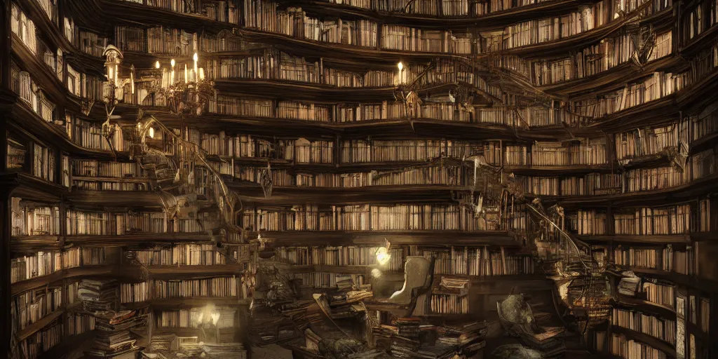 Prompt: A hauntingly beautiful multilevel library in a haunted mansion full of ghosts and sculptures with stacked books all around, smokey and gloomy atmosphere, fantasy digital art, octane render, beautiful composition, trending on artstation, hyper realistic,award-winning photograph, masterpiece