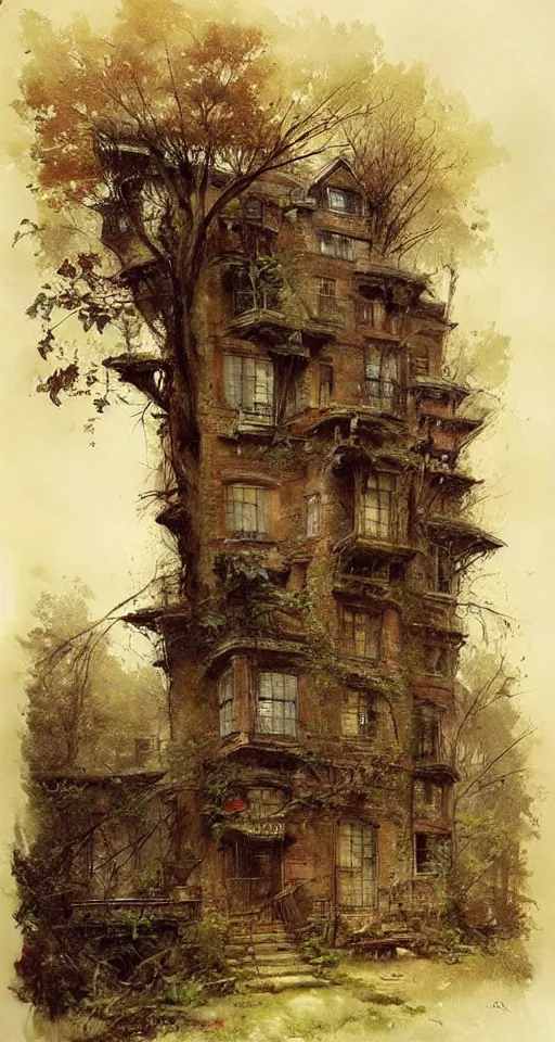 Image similar to (((((a ramshackle manhattan brick brownstone deep in the forest, completely overgrown))))) by Jean-Baptiste Monge!!!!!!!!!!!!!!!!!!!!!!!!!!!
