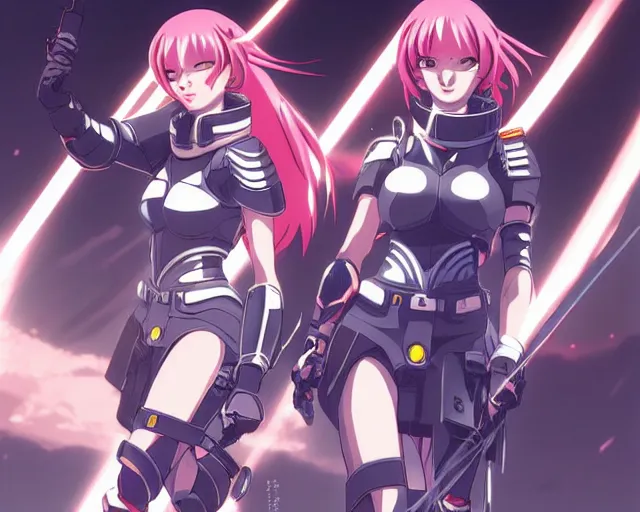 Image similar to anime visual, portrait of 2 buxom female battle sisters, wearing impractical female armour, space station hanger interior, cinematic luts, dynamic pose, dynamic perspective, strong silhouette, anime cels, ilya kuvshinov, crisp and sharp, rounded eyes, moody, cool colors, art style by kevin siembieda, palladium books