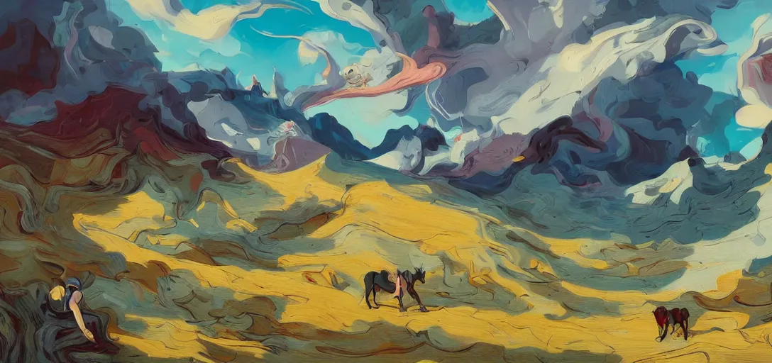 Image similar to over the hills, by peter mohrbacher, dream as a horse, jeremy man, francoise nielly, van gogh, ross tran, beautiful, award winning scenery