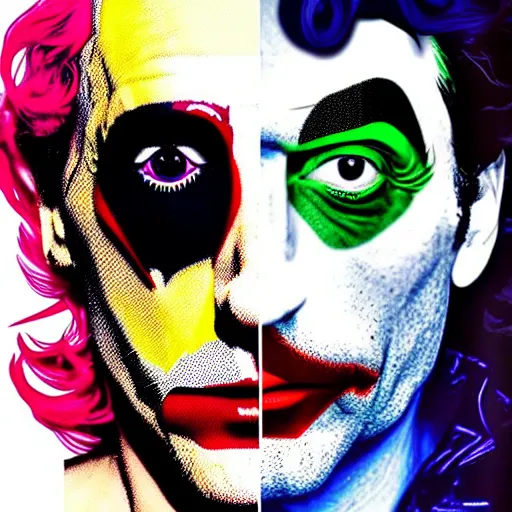 Prompt: richard hamilton and mimmo rottela as lady gaga harley queen and joaquin phoenix joker, pop art, 2 color, left align, object details, dynamic composition, 4 k, ultra realistic art, smooth, sharp focus, illustration, concept art, intricate details, h 7 6 8