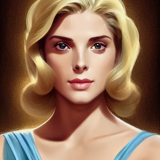 Image similar to Ashley Greene's face combined with Grace Kelly's face with blonde hair as Super Girl, western, D&D, fantasy, intricate, elegant, highly detailed, digital painting, artstation, concept art, matte, sharp focus, illustration, art by Artgerm and Greg Rutkowski and Alphonse Mucha