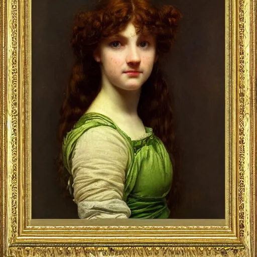 Prompt: a portrait of a girl with red curly long hair and green eyes, with a pretty frame and a devoted posture, a tear slides down her left cheek while she looks at the viewer, in the style of lawrence alma - tadema, extremely detailed, golden ratio, 8 k