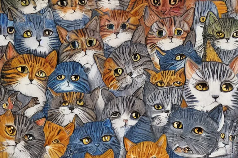 Image similar to beautiful art illustration of a group of happy cats by tony healey, highly detailed