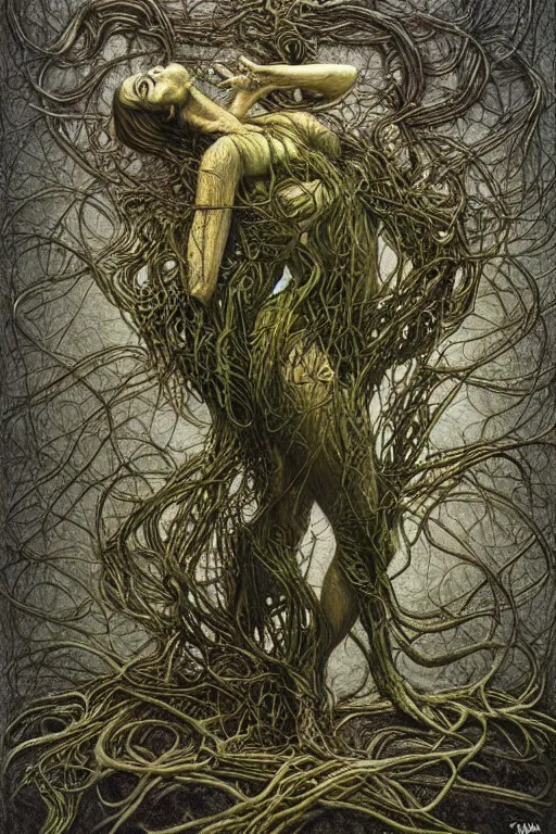 Prompt: deformed female swamp dancer twisted in vines and sludge by tomasz alen kopera.