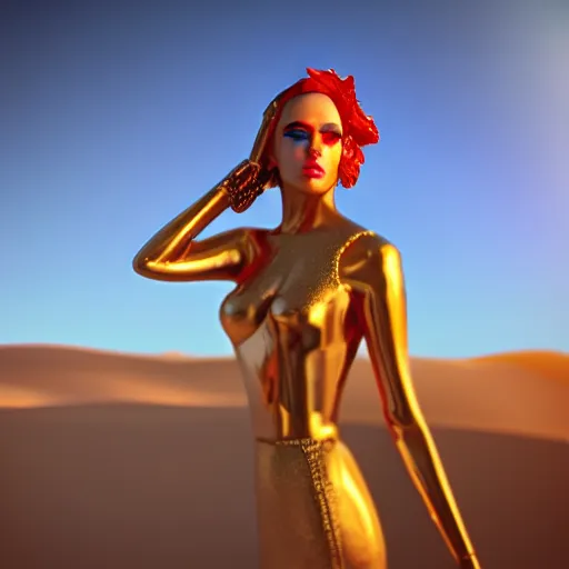 Prompt: innovative colorful avant-garde art, deco fashion, highly detailed, photorealistic portrait, serene desert setting, golden hour, crisp quality and light reflections, unreal engine 5 quality render