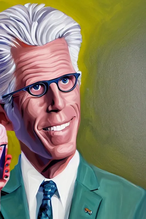 Prompt: a painting of ted danson in the good place, art by diego fazio