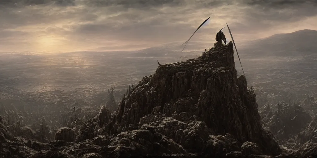 Prompt: Sauron standing on the edge of a cliff overlooking his troops in the distance ready for war at Mordor in the evening, detailed matte painting, cinematic, Alan Lee, Artstation